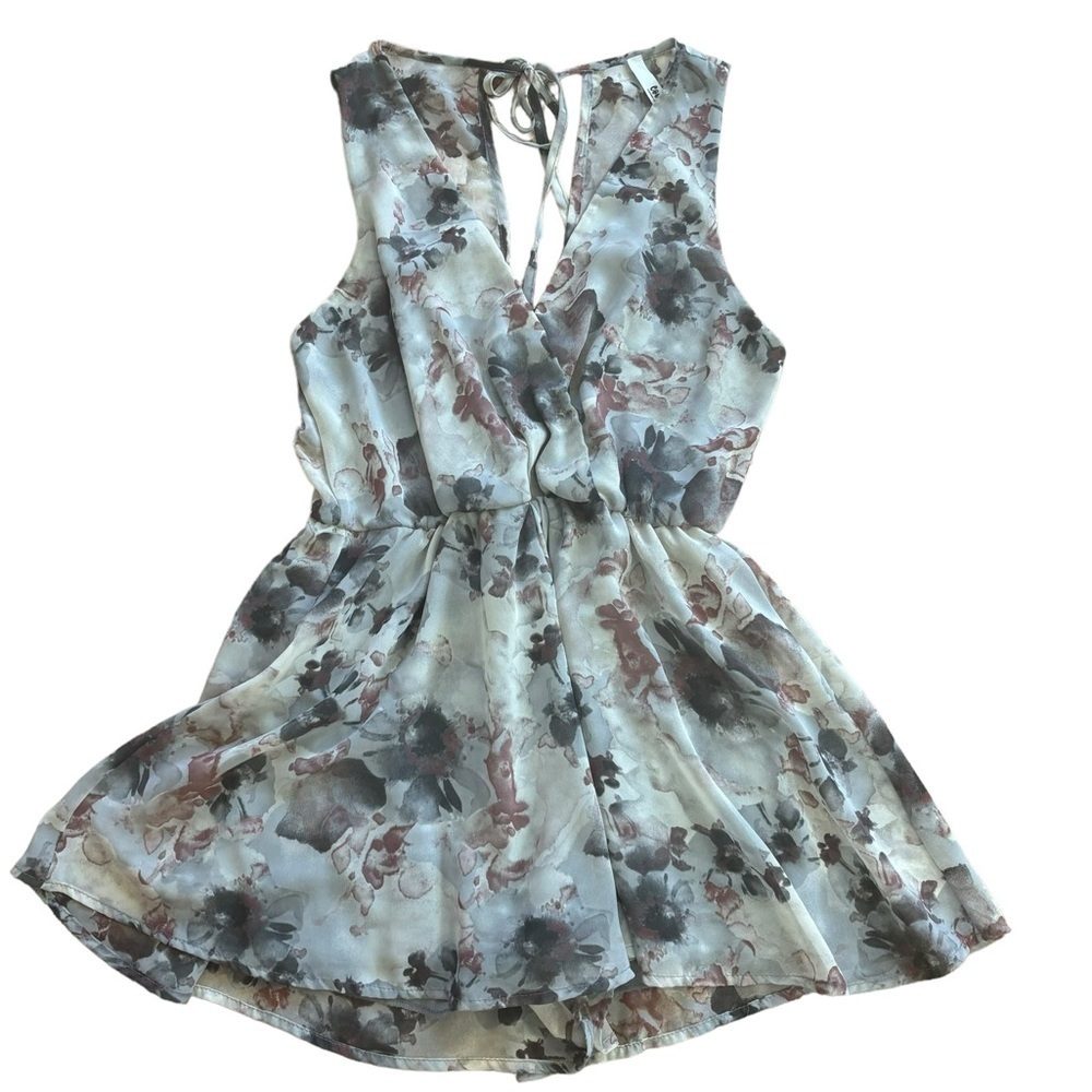 Cookies Gray Floral Flowy Flouncy Romper Women’s Small Sheer Tie Back Bow
